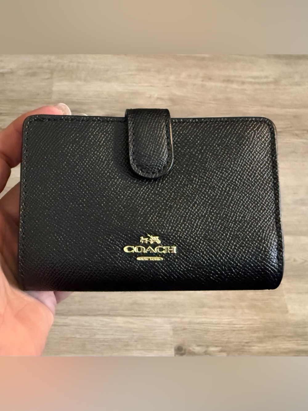 New Coach Black Crossgrain Leather Compact Wallet
